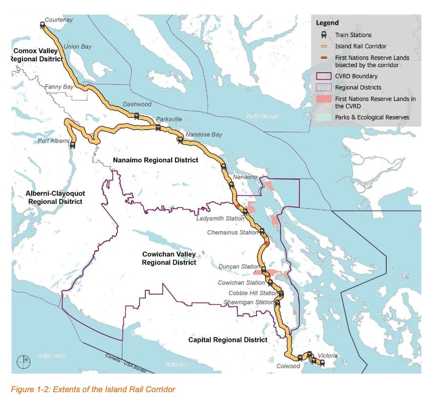 Map of the Island Rail Corridor from Victoria to Courtenay