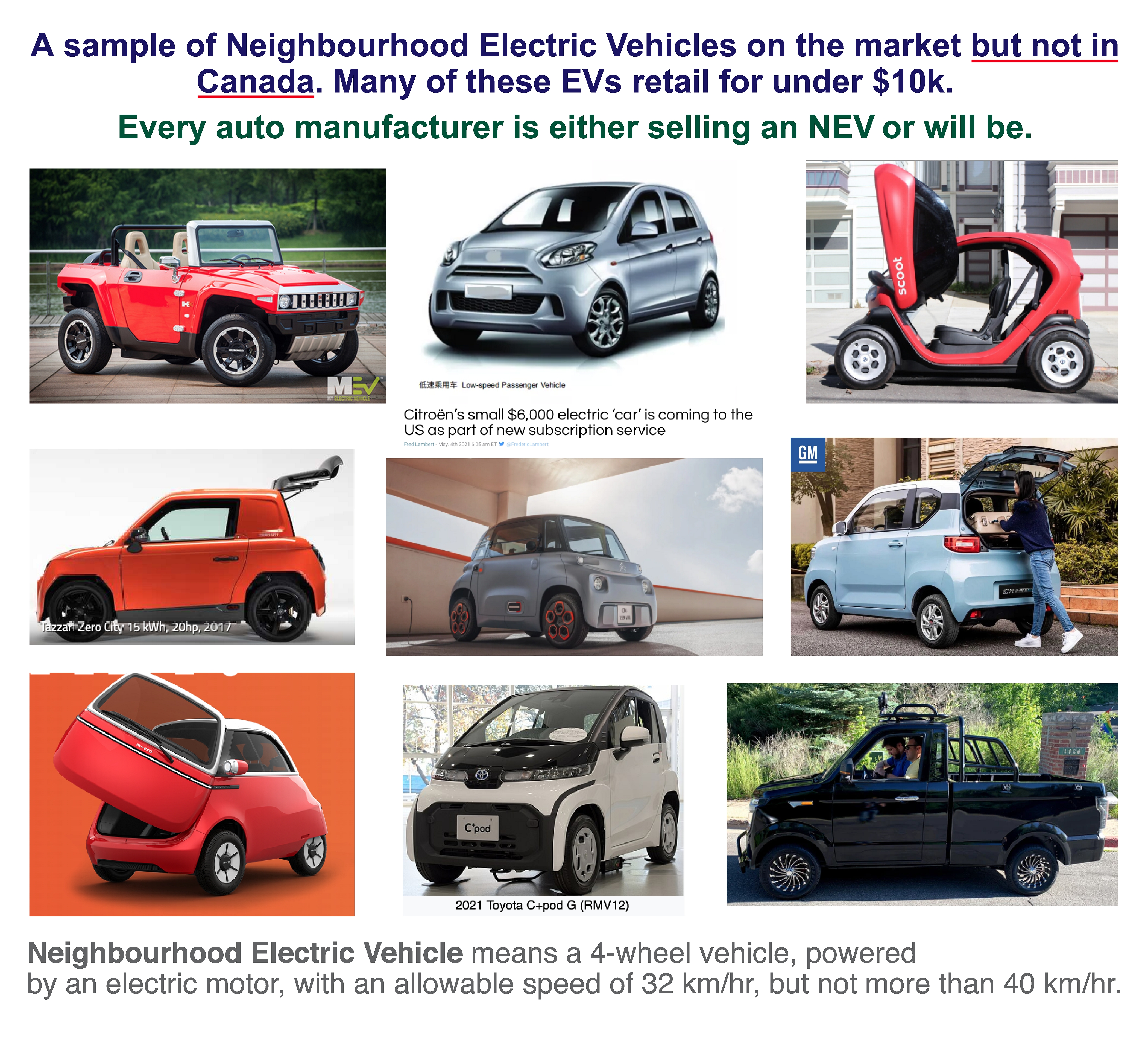 A sample of Neighbourhood Electric Vehicles on the market