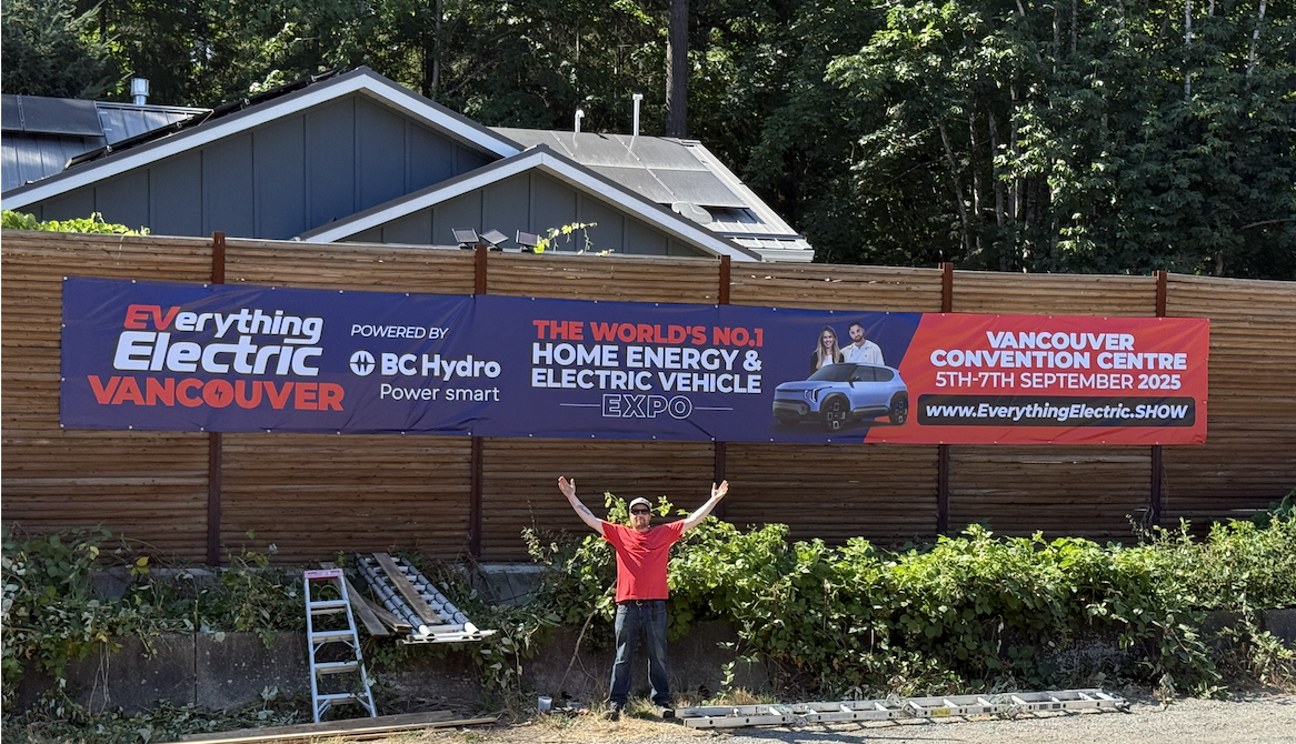 The Everything Electric Vancouver banner displayed at EV Island's Chemainus property